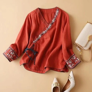 Embroidered Cotton Linen Top Women Loose Fit V Neck Diagonal Placket Purple Ethnic Style Tea Dress - Product Image 3