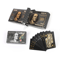 Cartes à jouer personnalisées avec motif dollar américain, imperméables, en plastique noir, avec feuille d'or, pour jeux de casino