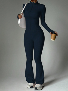 Aoyema Abbigliamento Sportivo da <span class=keywords><strong>Donna</strong></span> Personalizzato MOQ 1pz Colletto Alto con Zip <span class=keywords><strong>Tuta</strong></span> Aderente ad Alta Elasticità <span class=keywords><strong>Pantaloni</strong></span> a Zampa Set 2 Pezzi - Product Image 5