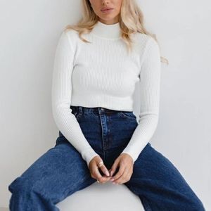 Pull col roulé côtelé blanc pour femme, haut en tricot ajusté à manches longues, collection automne-hiver 2023, tenue décontractée - Product Image 1