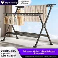 Séchoir à linge télescopique pliable robuste en X à double barre, réglable en hauteur, mobile pour balcon et maison