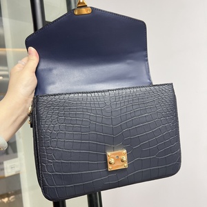 Brown 100% Crocodile Leather Envelope Flap Handbag Gold Button Closure Women's Crossbody <b>Shoulder</b> <b>Strap</b> Classic Daily Use Bag - Product Image 1