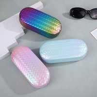Étui à lunettes en cuir PU tressé avec texture, boîte de rangement ovale grande taille en métal plaqué brillant dégradé pour lunettes, emballage pour lunettes