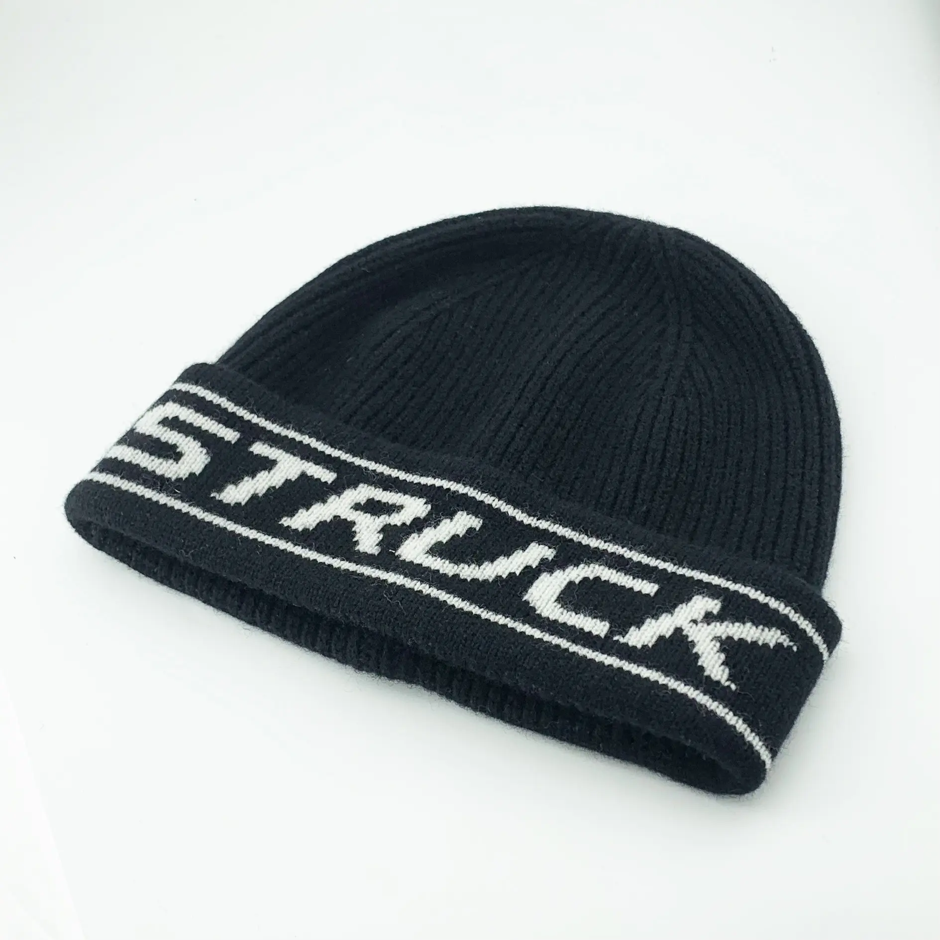 2023 High Quality Beanies Hats Tuque Black Acrylic Big Ribbed Letters Jacquard Unisex Winter Sport Knit Acrylic Beanie Hat Cap