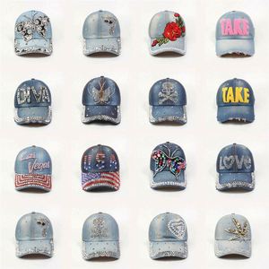 Casquette de baseball ajustable en jean avec strass et motif lettres, style cowboy, protection solaire, vente en gros - Product Image 1