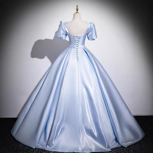 Sky Blue Satin Ball Gown Square Neck Empire Waist Long Evening Dress For Women Art Exam Choir Performance Hosting - Product Image 4