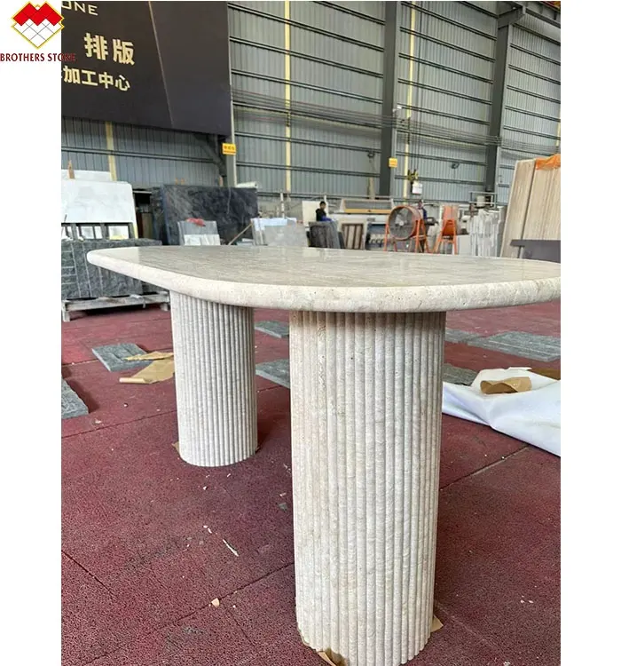 Modern Astonishing Wind Travertine Dining Table with Curve Fluted Foot Concave Flute Leg Stylish Travertome Marble Coffee Table