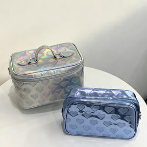 Sac de maquillage de voyage en PU laser brillant avec fermeture éclair à motif cœur, grande capacité, sac cosmétique pour femmes pour les voyages - Product Image 5