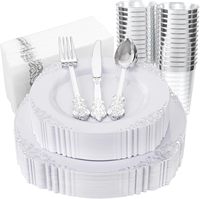Ensemble de vaisselle jetable en plastique argenté de 175 pièces comprenant 50 assiettes à dessert et à dîner, 75 couverts, 25 gobelets de 10 oz, 25 serviettes