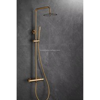 Ensemble de robinetterie de douche thermostatique pour salle de bain, finition dorée, design industriel, avec poignée sculptée à température constante