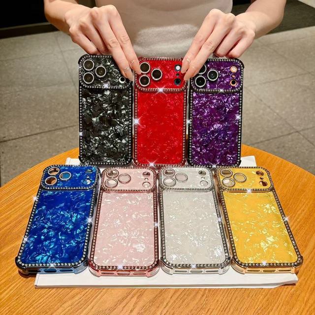 Luxury Diamonds Glitter Pearly-Lustre Translucent Shell Pattern Cover for iPhone 13 14 15 16 17 Pro Max Mobile Phone Case