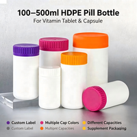 Vente en gros de flacons en plastique HDPE de 100 à 500 ml, flacons pour pilules, comprimés, capsules, contenants vides pour compléments alimentaires, étiquette personnalisée