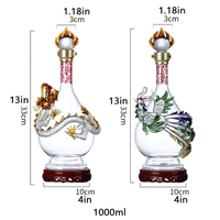 Décanteur à whisky Dragon ou Phoenix sur bouteille-Bouteille de vin de 1000ml avec base en bois, distributeur d'alcool en verre d'éléments chinois
