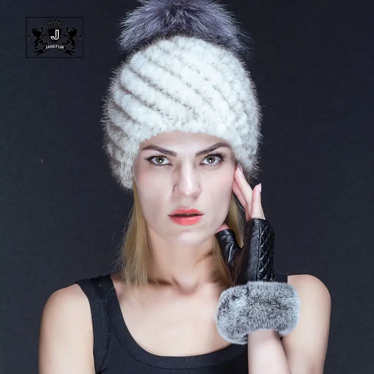 Topi Rajut Bulu Mink Hitam Mewah Wanita Musim Dingin dengan Bola Bulu Hangat Mode Asli Topi Pom Bulu Perak