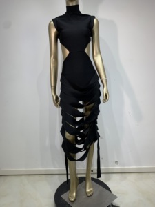 black midi dress high neck Arrival Summer Style Sexy Cut Out Button Stretchy Elastic Bandage Dress 2022 Celebrity Designer Evening Party Dress Vestidos Black / L main image 1