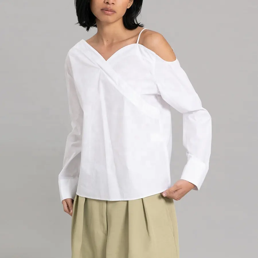 Chemise en lin pour femme, à manches longues, col et épaules dénudées, tissu de conception de haute qualité, mode