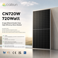 Panneau solaire bifacial Callsun 720W de type N, cellules G12 de 210 mm, TOPCon, haute efficacité 23,2 %, module PV mono double vitrage