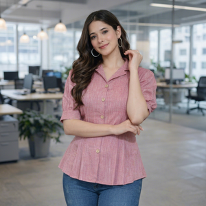Jaipur Moda Anaya I Blusa Peplum de Algodón para Mujer, Estilo Dulce y Casual para Oficina, Vestido Camisero Rosa con Botones, Cintura Natural, Color Caramelo - Product Image 1