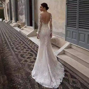 Robe de mariée classique de luxe, coupe trapèze, manches longues, col rond, appliques en dentelle brodées, respirante, longueur maxi - Product Image 3