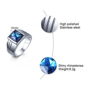 Anillos de boda de acero inoxidable con incrustaciones de diamantes de imitación de zafiro azul para hombre - Product Image 6