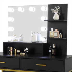 Set Toeletta FCH con Specchio LED, 2 Cassetti, 3 Ripiani, Scrivania da Camera da Letto, Design Moderno, MDF Nero - Product Image 1