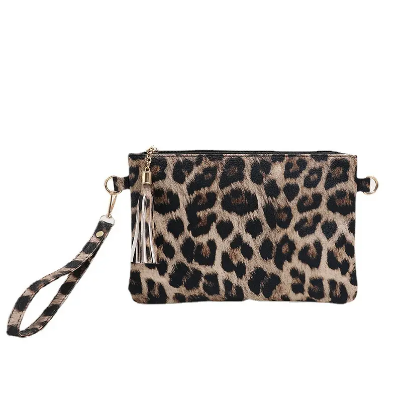 Dompet wanita motif sapi macan tutul, dompet genggam dompet tangan ritsleting portabel dengan rumbai