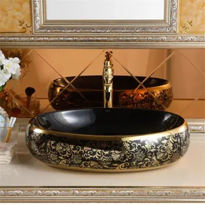 Encimera de baño de lujo, lavamanos de diseño dorado y negro, lavamanos artísticos de fácil limpieza