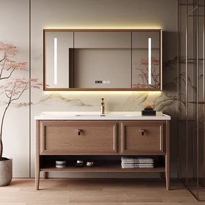 ตู้ห้องน้ำสีไม้แบบตั้งพื้นพร้อมอ่างล้างหน้าเซรามิกในตัว - Product Image 2