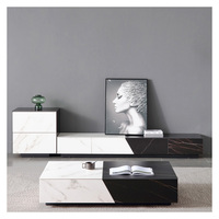 Table basse et meuble tv de luxe moderne, haut en bois et ardoise de couleur noire et blanche, pieds en métal, nouvelle collection 2022