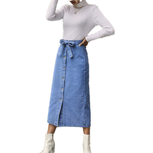 Faldas de mezclilla con autocinturón para mujer, falda larga de talla grande con botones, de cintura alta, por debajo de la rodilla - Product Image 4