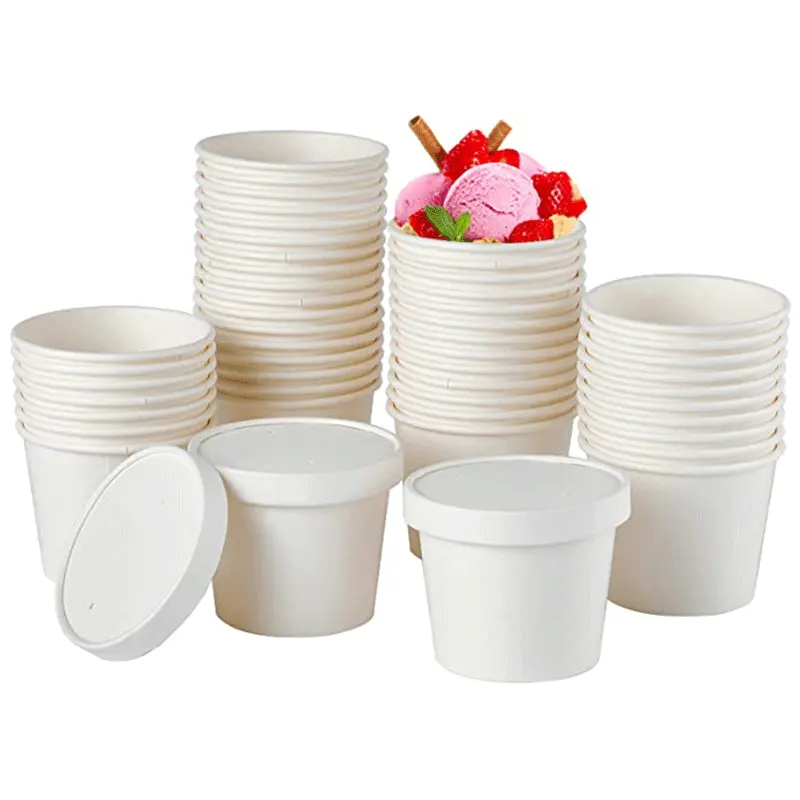 Custom White Biodegradable Disposable Yogurt Paper Cups 2oz 3oz 4oz 12oz Packaging Plain Ice Cream Paper Cup with Lid and Spoon