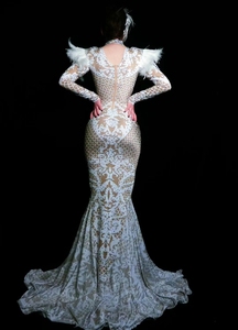 Elegant <strong>White</strong> Long Sleeve Print Feathers Rhinestone Ball Gowns Prom Trumpet <strong>Dress</strong> Birthday Women Wedding Mermaid Evening <strong>Dresses</strong> - Product Image 5