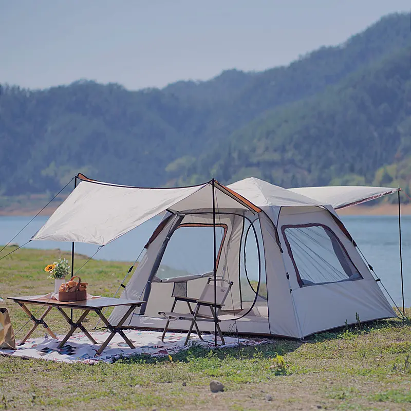 Aile 4 kişi otomatik kamp çadır katlanabilir sandalye ve masa seti çadır ile 210D su geçirmez taşınabilir UPF50 + Pop Up hızlı açık