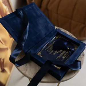 Hải quân Nhung Màu Xanh lót hộp Trình Bày Acrylic đám cưới mời thiết lập tùy chỉnh đám cưới Monogram nhung đóng hộp lời mời - Product Image 2