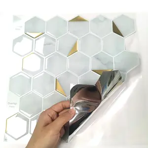 Backsplash 3D Self-Adhesive Peel And Stick Waterproof Wall Tiles Hexagon White And Gold Home Decor For Bathroom And Kitchen