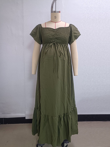 Disponibile Abito Lungo Premaman Estivo con Spalle Scoperte, Maniche Corte con Volant, Vita Arricciata con Coulisse, Orlo a Balze e Taglio a Trapezio - Product Image 6