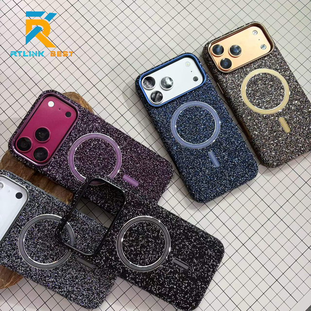 Luxury Glitter Case for iPhone 16 17 18 Pro Max Sparkly Bling Leather Cover with Metal Lens Frame Magnetic Suction Shell