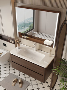 Nouvelle armoire de salle de bain couleur noyer avec lavabo intégré en céramique - Product Image 2