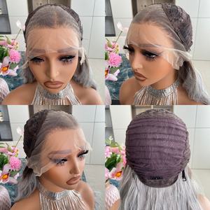 วิกผมไฟเบอร์คุณภาพสูง ทนความร้อน สีเทาออมเบร 13x4 hd swiss  ฐานลูกไม้โปร่งใส วิกผมสังเคราะห์  ถอนขนมาแล้ว - Product Image 6