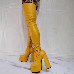 Super High Heel Platform <b>Boots</b> Yellow Round Toe Thick Sole High Chunky Heel Fashion Women Over Knee <b>Boots</b> Big Size 47 - Product Image 5