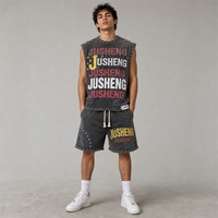 Ensemble débardeur et short de sport pour homme, délavé à l'acide, personnalisé avec strass sérigraphiés