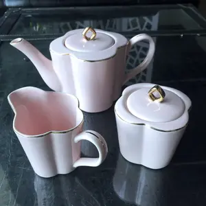 Teiera in ceramica barattolo di zucchero tazza di latte forma personalizzata colore rosa bordo dorato per regalo uso quotidiano negozio