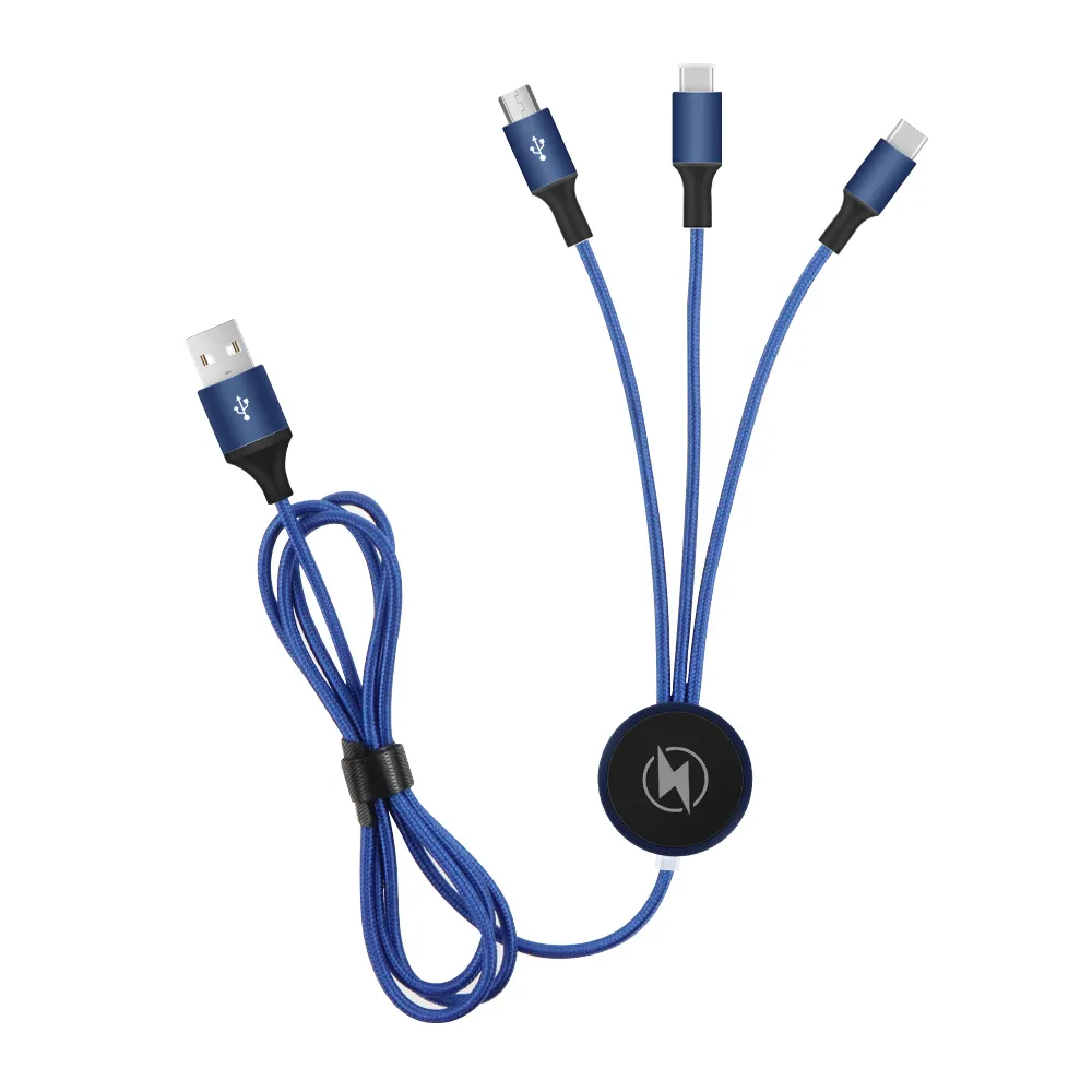 Custom Logo Promotional Gifts Set Nylon Braided 3 in 2 Dual Input USB Type c Cable 2 m With LED Logo Charging Cable