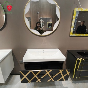 Black bathroom cabinet with yellow striped decoration artistic floral-shaped <b>mirror</b> and white washbasin - Product Image 6