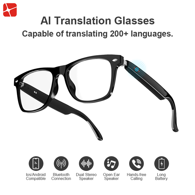 AI Smart Glasses Real-time Translation 150+ Languages Audio Eyewear Voice Assistant HD Call IP65 Waterproof Remote Photography