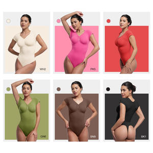 Hexin 도매 원활한 v 넥 바디 셰이퍼 팜므 배 제어 셰이프웨어 여성용 셰이프웨어 바디 수트 짧은 소매 - Product Image 4