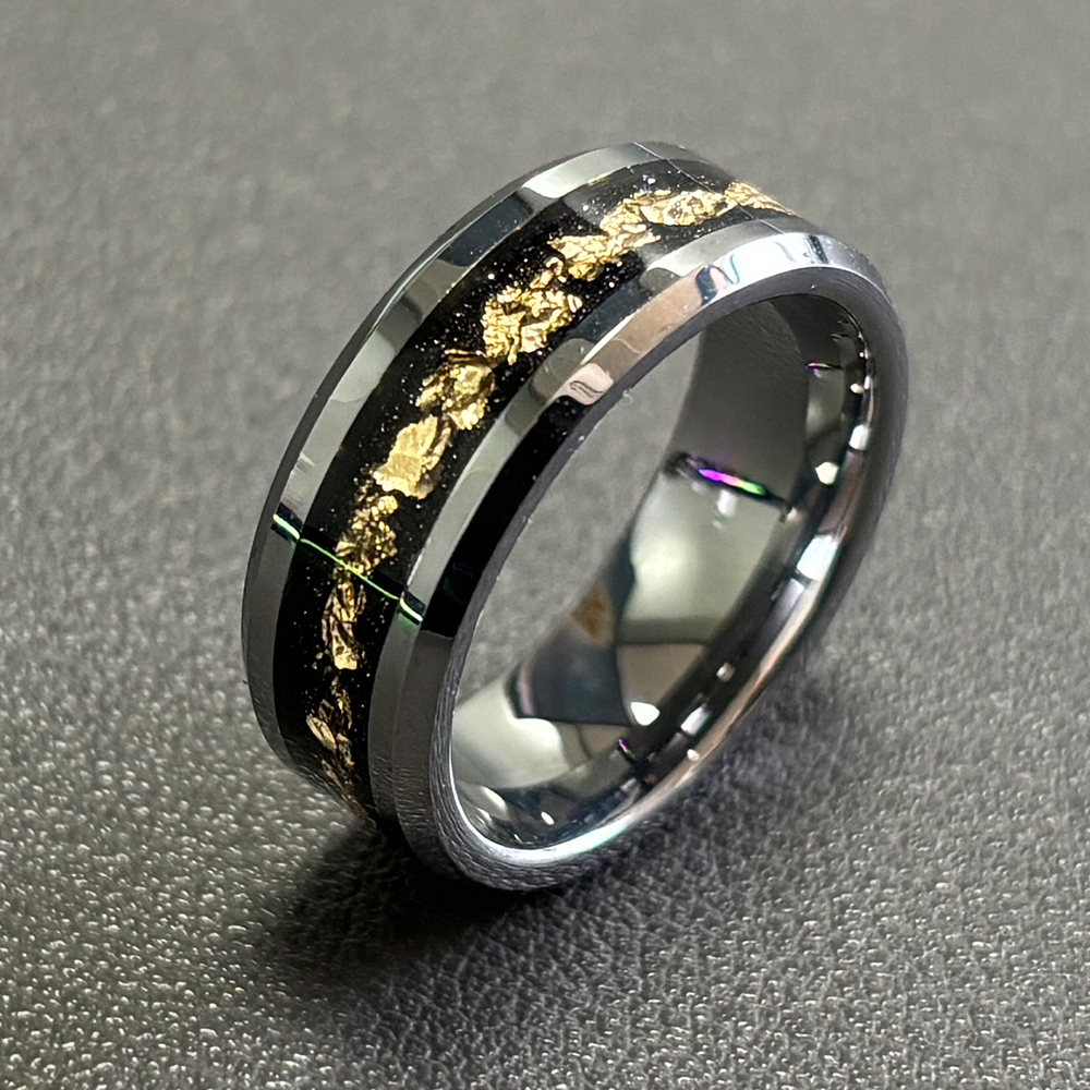 Alin Mens Silver Tungsten Carbide Wedding Ring with Black and Gold Foils Inlay Beveled Edge Unique Promise Ring