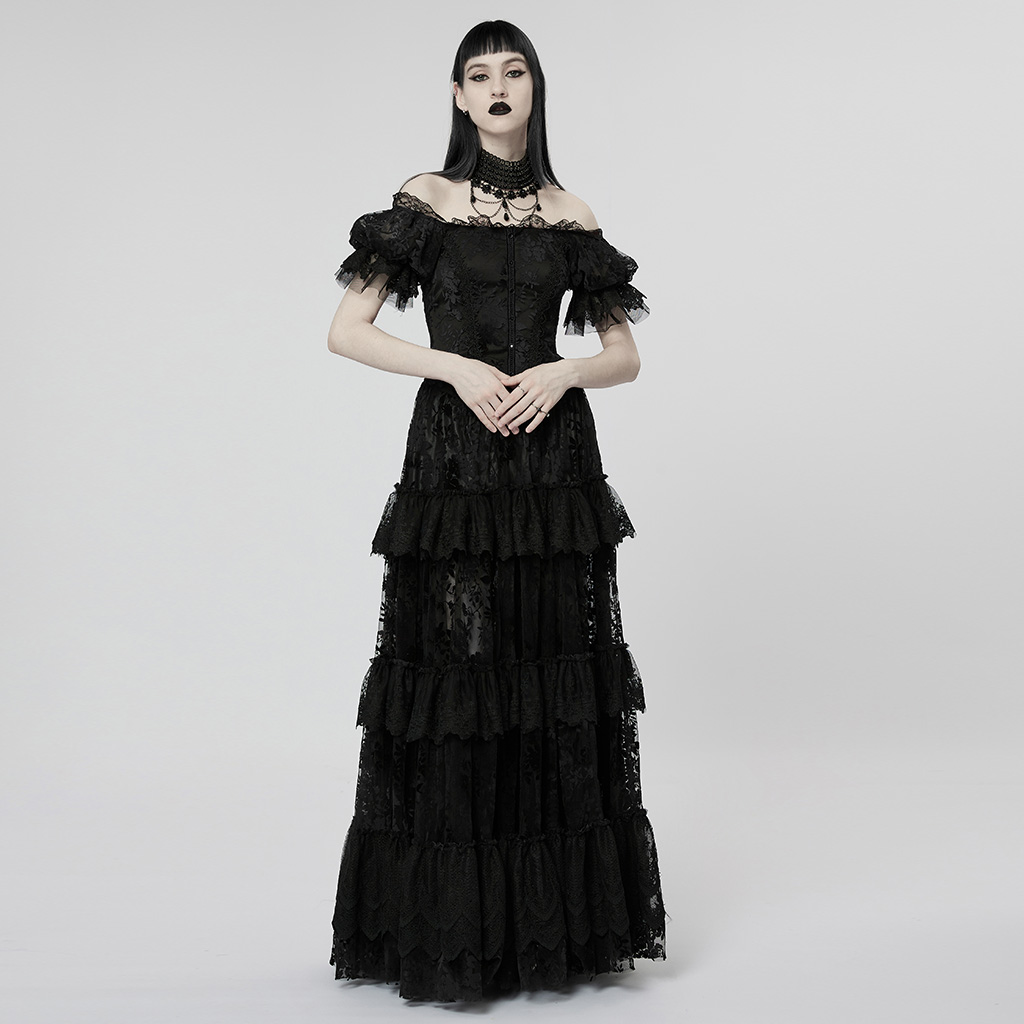 Punk Rave WQ-613LQF gothic elegant slim mysterious exquisite lace decorated rich layers flocking mesh goth gorgeous print dress