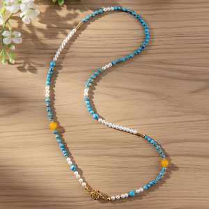 Collier bohème en perles turquoise et perles <span class=keywords><strong>de</strong></span> culture, collier fait main avec pierres bleues et accents jaunes, <span class=keywords><strong>bijou</strong></span> d'été pour la clavicule - Product Image 2