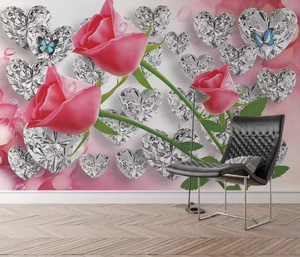 Carta da Parati 3D Romantica con Rose e Cuori <span class=keywords><strong>di</strong></span> Diamanti, Murale a Tema Amore per Decorazione d'Interni - Product Image 1
